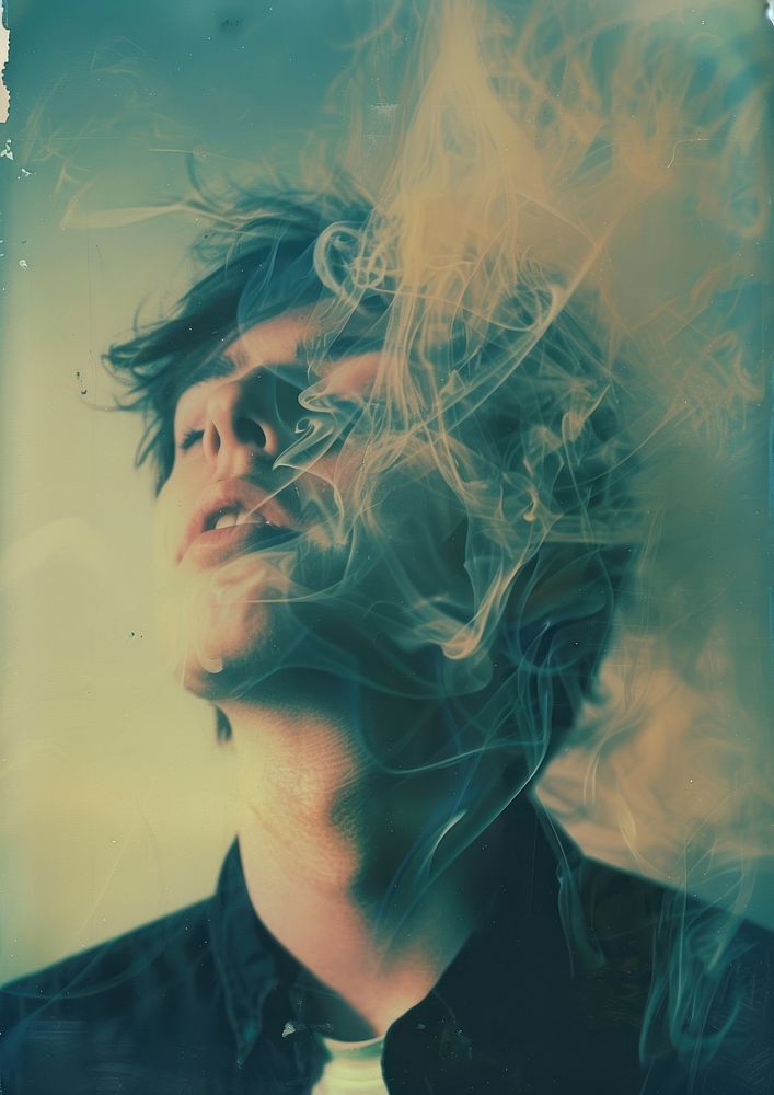 A polaroid photo of esoteric portrait smoking adult.