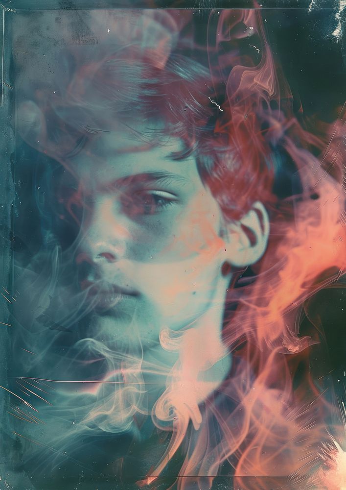 A polaroid photo of esoteric portrait art smoke.