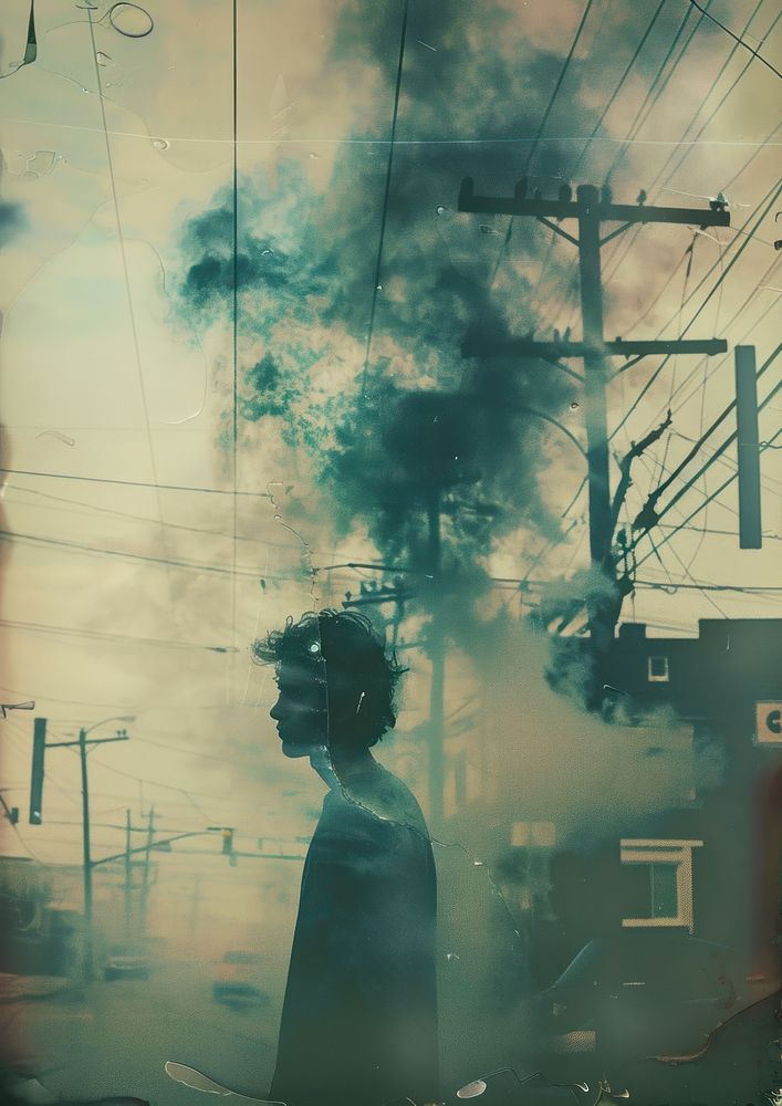 A polaroid photo of pollution outdoors portrait smoke.