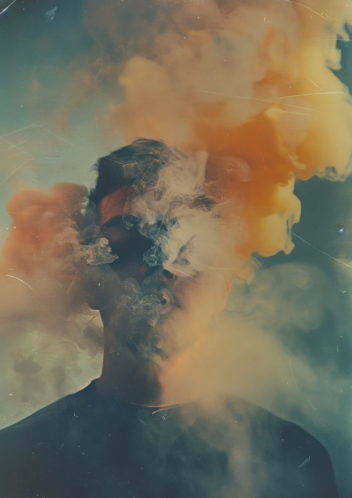 A polaroid photo of pollution portrait smoke adult.