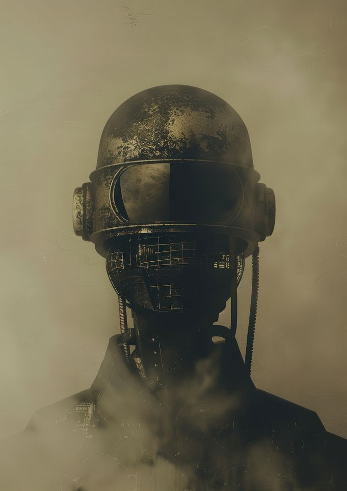 A polaroid photo of robot portrait helmet adult.