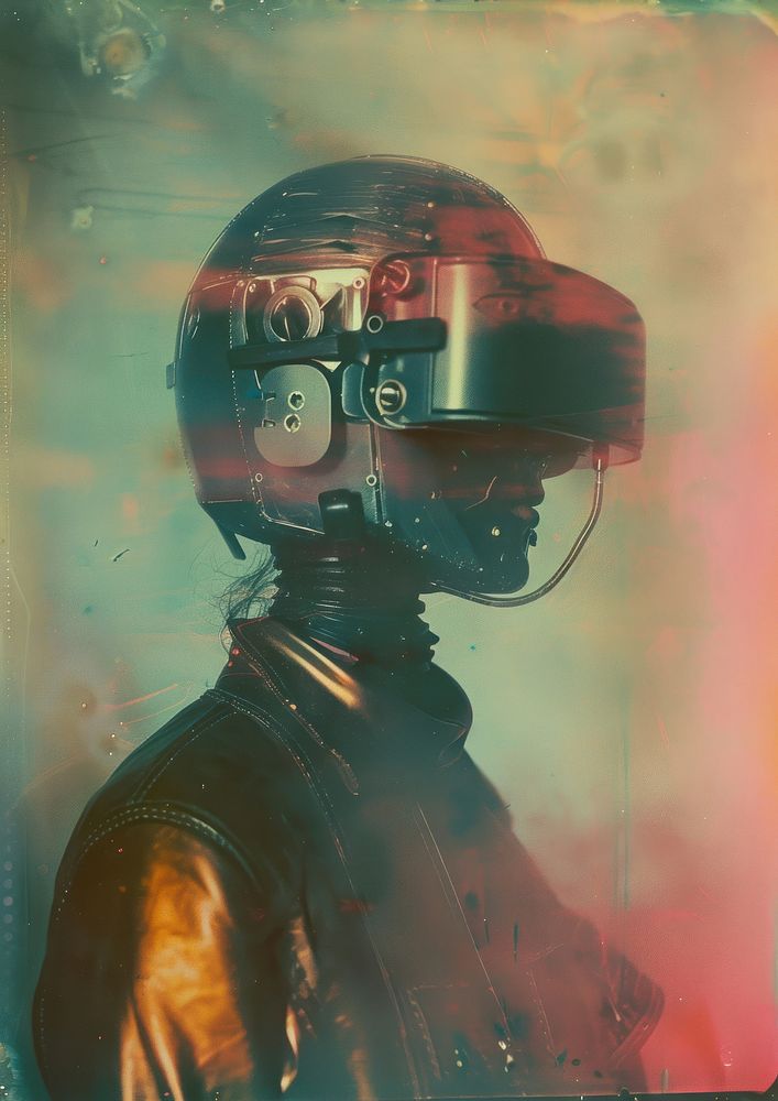 A polaroid photo of robot portrait painting helmet.