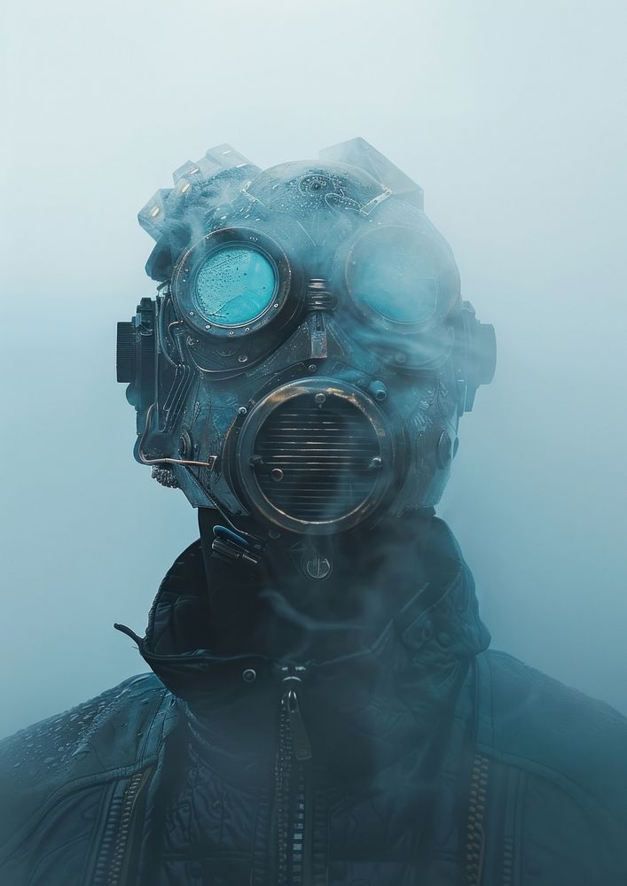 A polaroid photo of robot portrait adult fog.