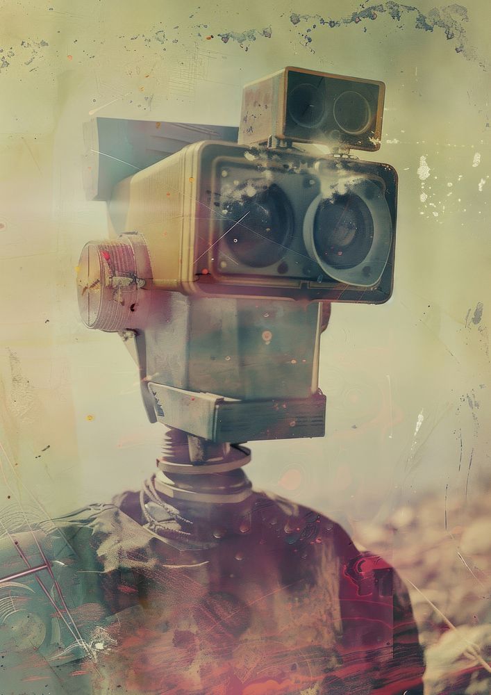 A polaroid photo of robot camera art electronics.