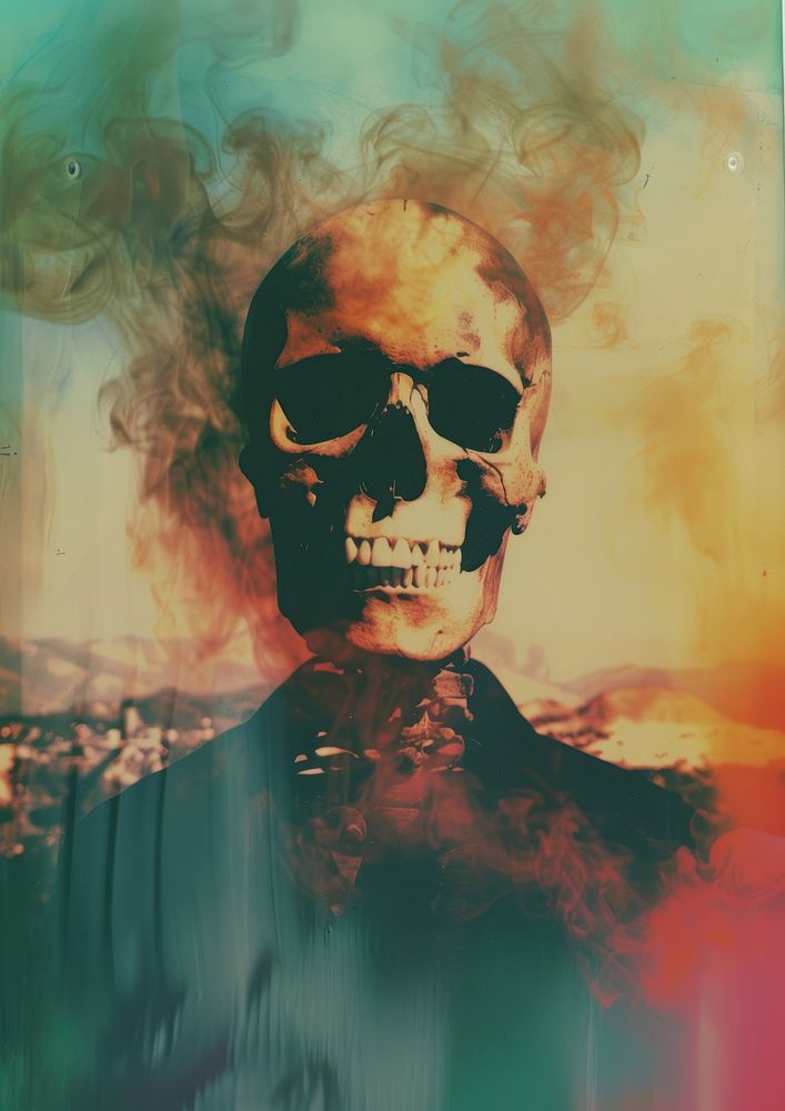 A polaroid photo of skull portrait art painting.