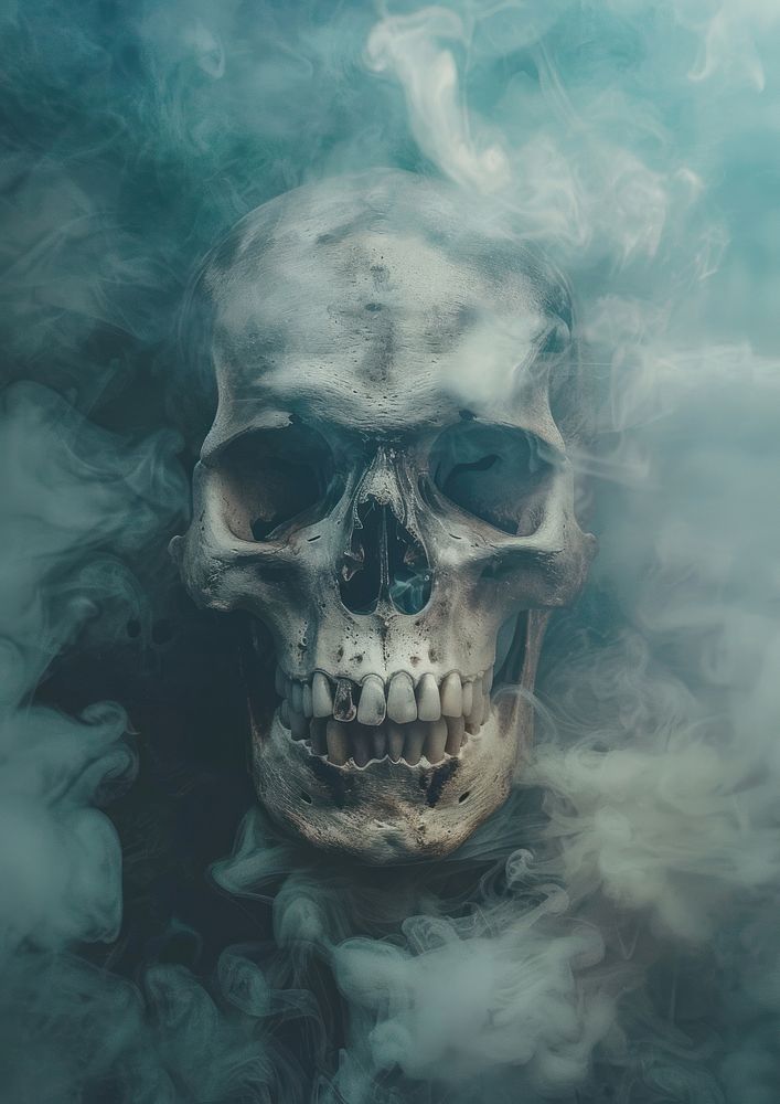 A polaroid photo of skull portrait smoke photography.