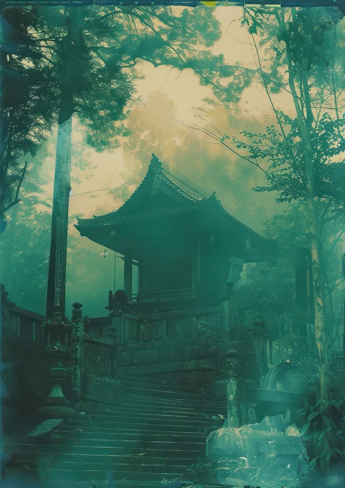 A polaroid photo of temple architecture building outdoors.