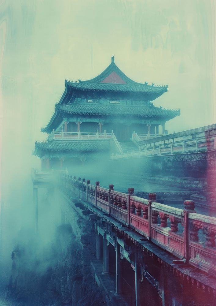 A polaroid photo of temple fog outdoors spirituality.