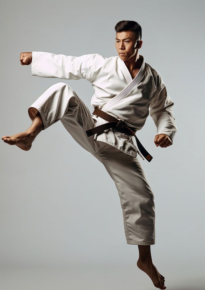 Karate black belt kicking sports adult male.