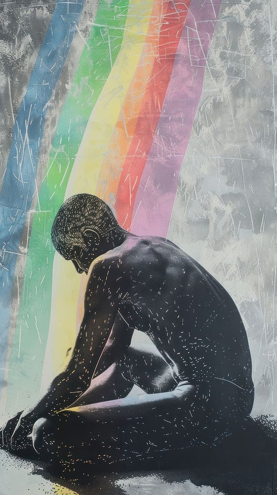 Silkscreen on paper of a body painting rainbow art.