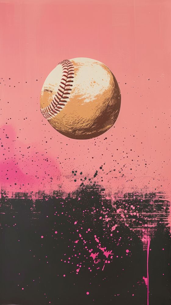 Silkscreen on paper of a baseball sports pink outdoors.