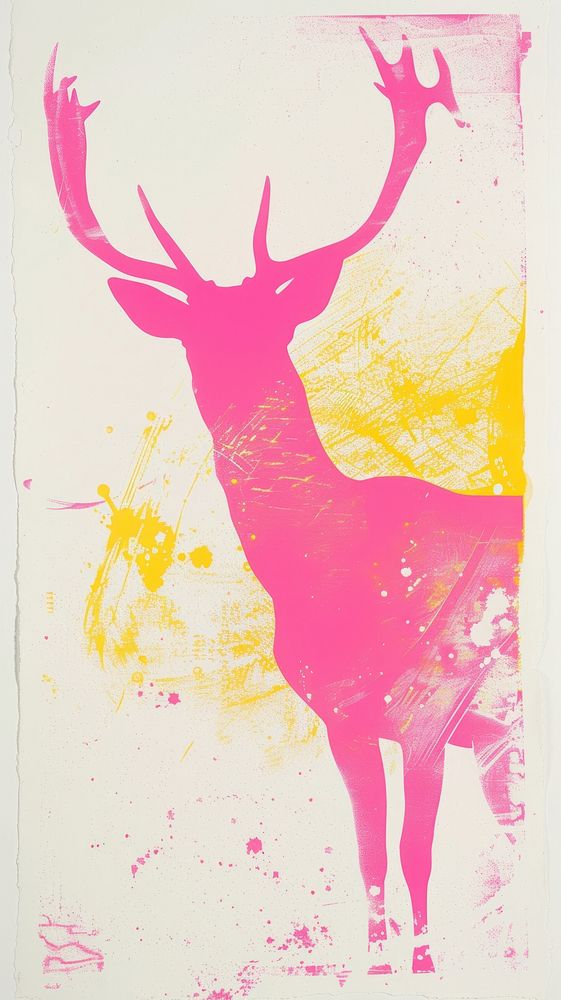 Silkscreen on paper of a deer animal mammal yellow.