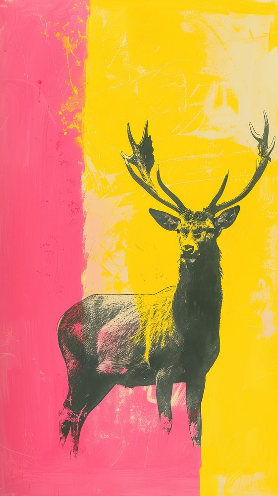 Silkscreen on paper of a deer animal mammal yellow.