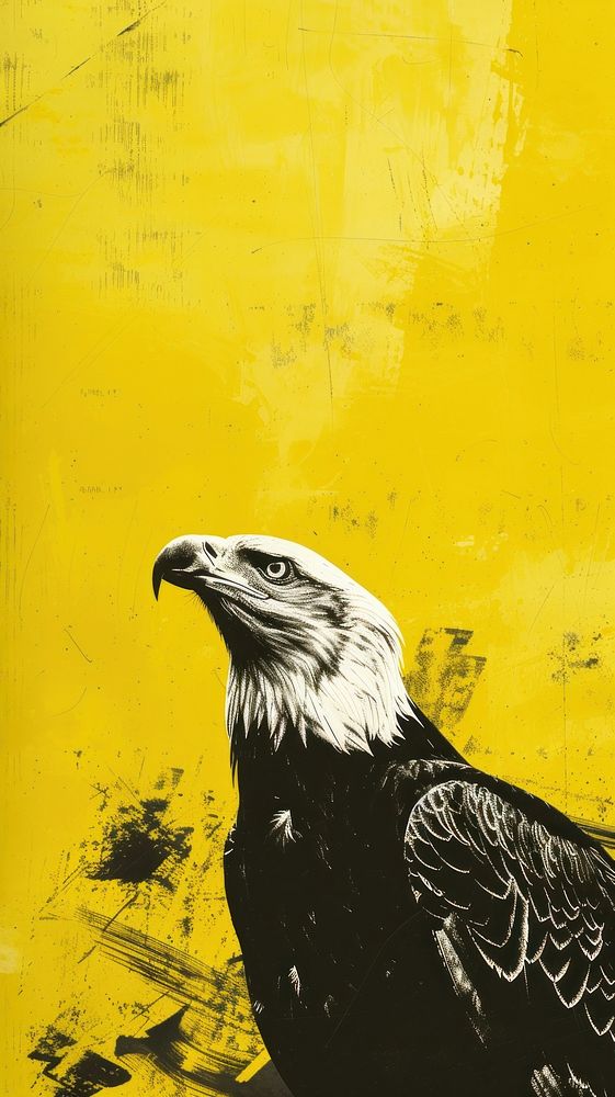 Silkscreen on paper of an eagle painting animal yellow.