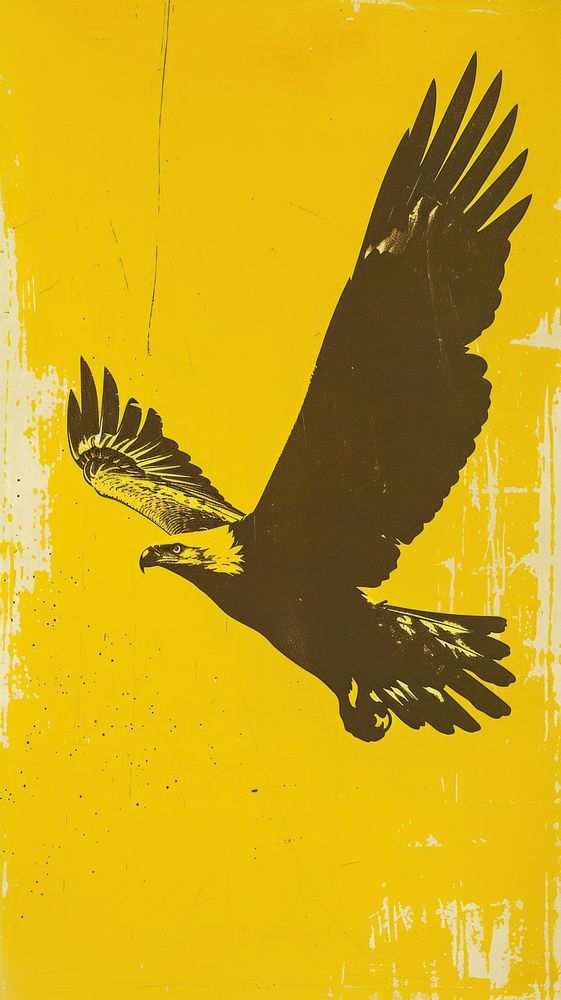 Silkscreen on paper of an eagle vulture animal yellow.