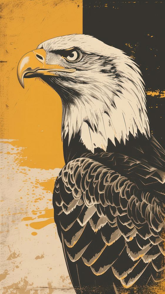 Silkscreen on paper of an eagle animal yellow bird.