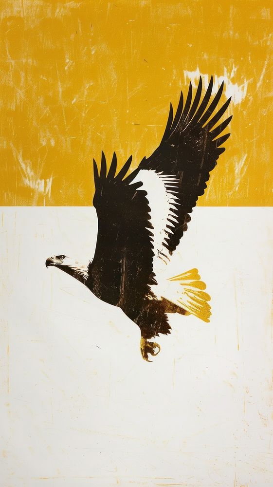 Silkscreen on paper of an eagle animal flying yellow.