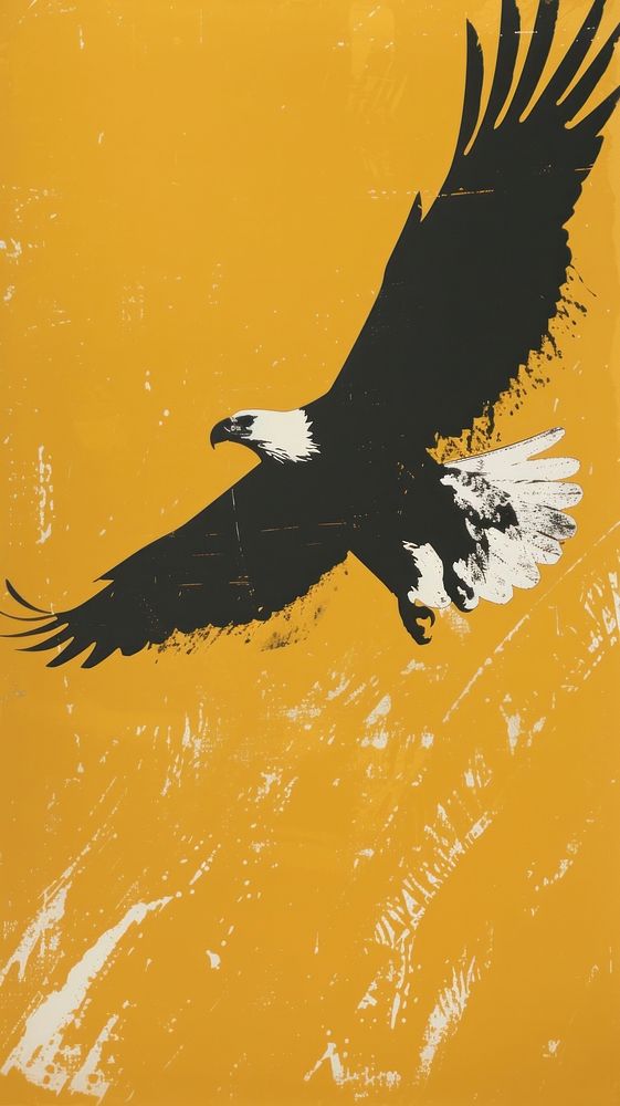 Silkscreen on paper of an eagle animal flying yellow.