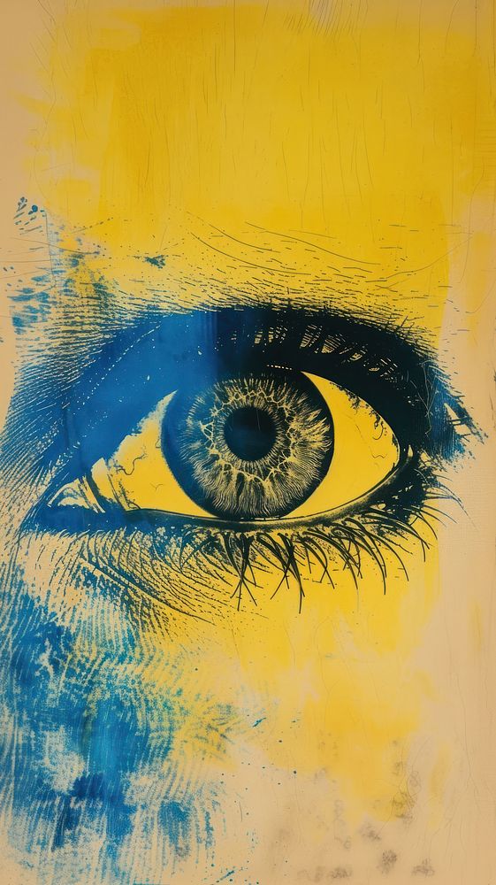 Silkscreen on paper of an eye painting yellow blue.