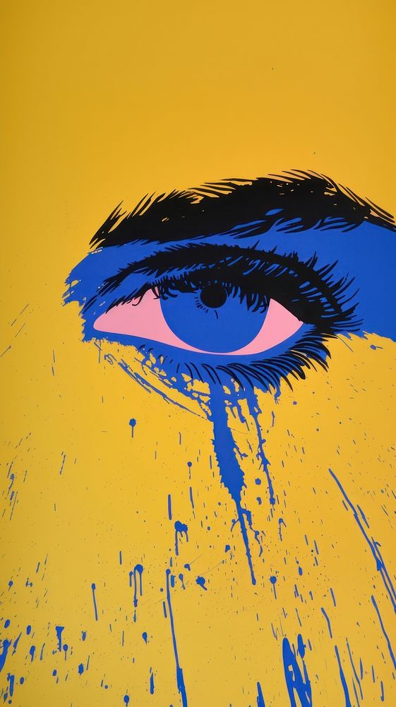 Silkscreen on paper of an eye painting drawing yellow.