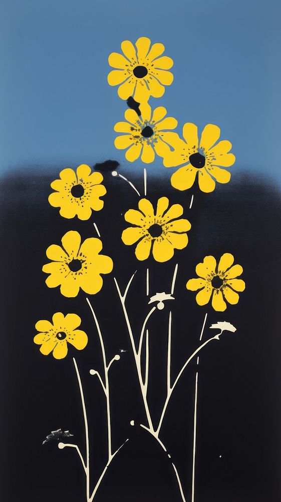 Silkscreen on paper of a flowers graphics yellow plant.