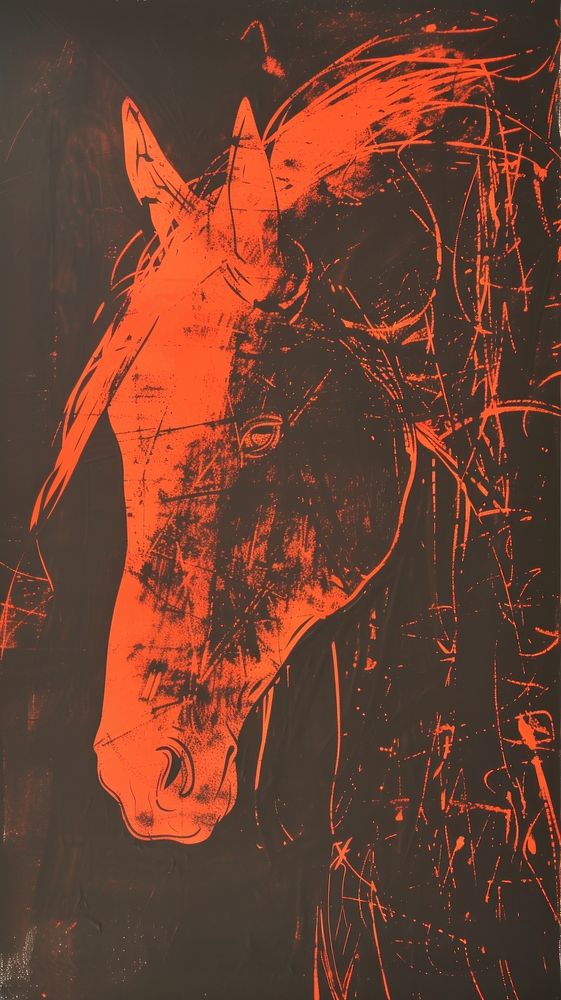 Silkscreen on paper of a horse painting art red.