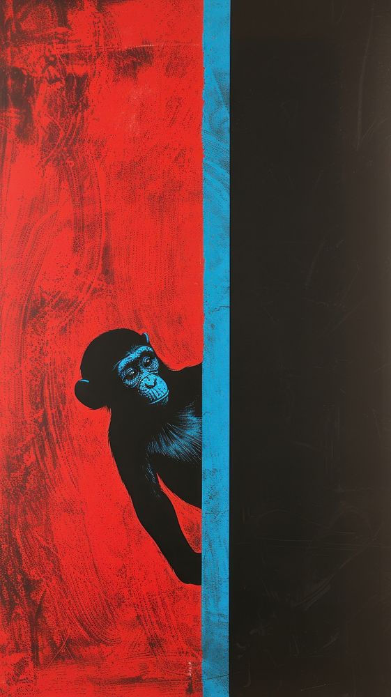Silkscreen on paper of a monkey painting black blue.