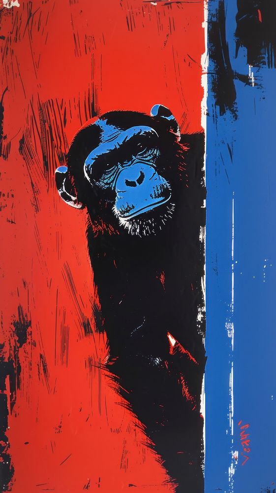 Silkscreen on paper of a monkey painting mammal blue.