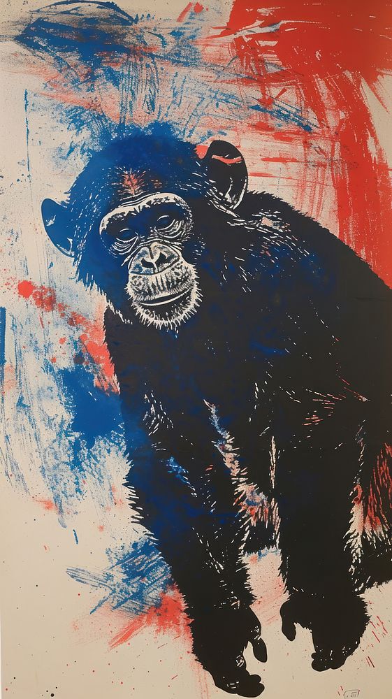 Silkscreen on paper of a monkey painting mammal animal.
