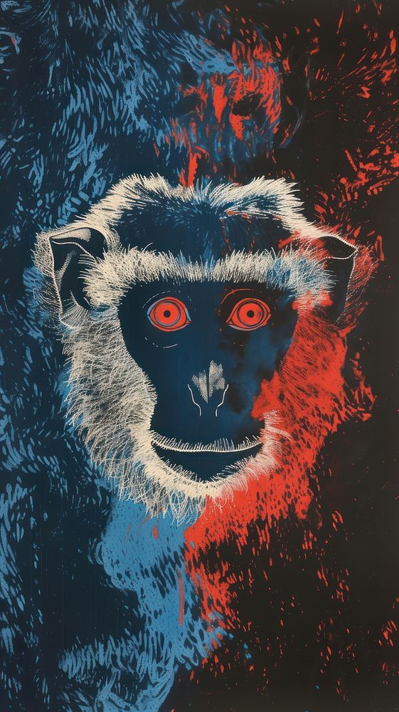 Silkscreen on paper of a monkey painting animal mammal.