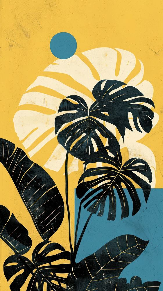 Silkscreen on paper of a monstera outdoors painting graphics.