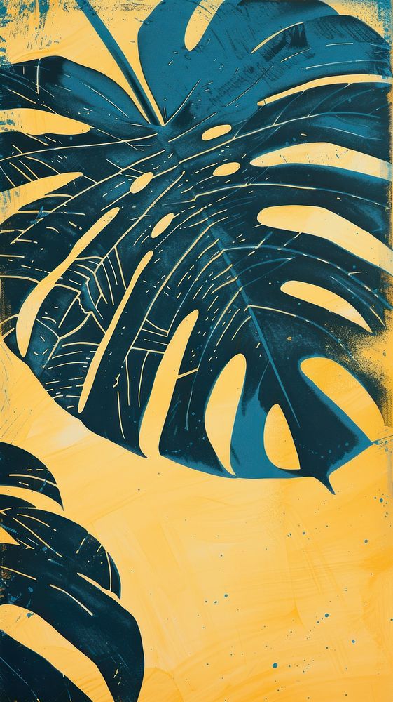 Silkscreen on paper of a monstera textured painting outdoors.