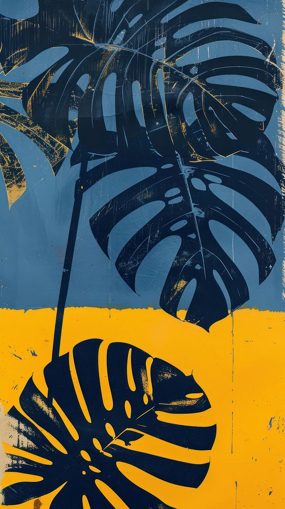 Silkscreen on paper of a monstera outdoors painting yellow.