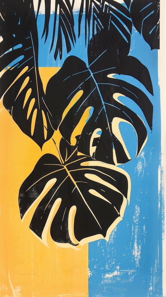 Silkscreen on paper of a monstera yellow plant leaf.
