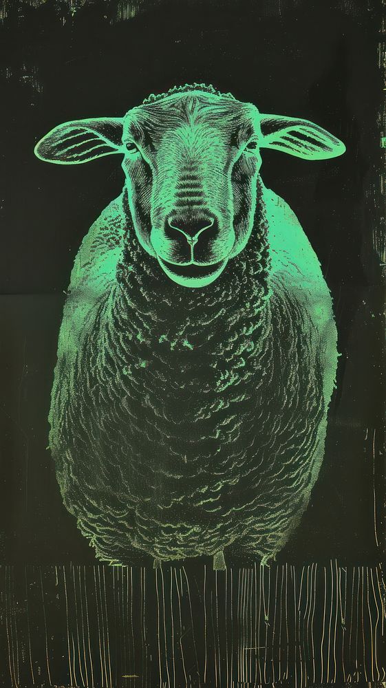 Silkscreen on paper of a sheep livestock wildlife animal.