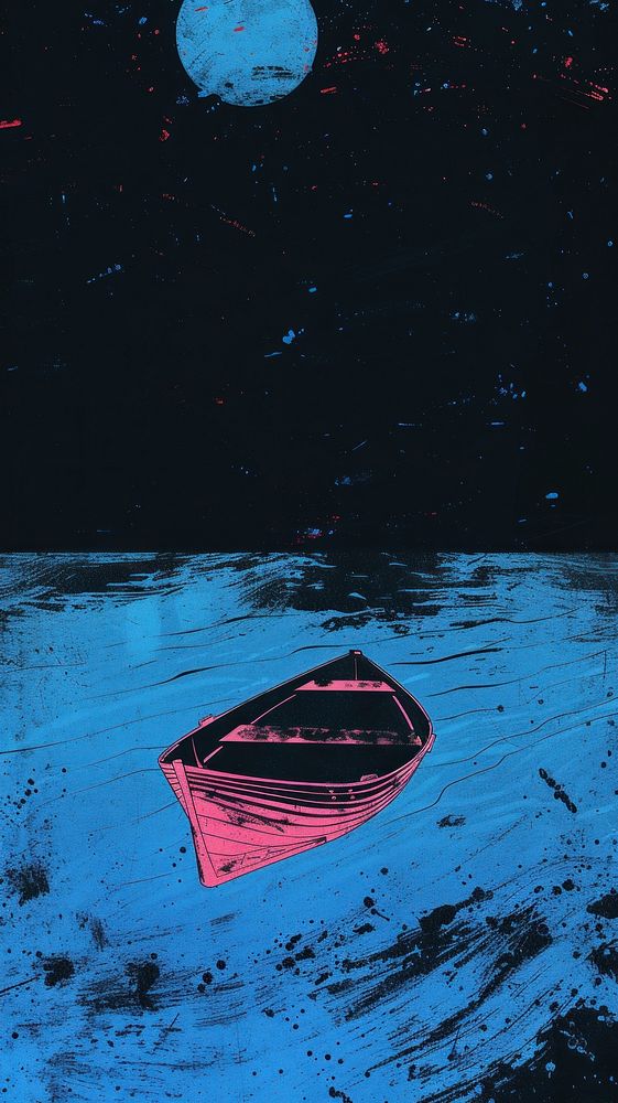 Silkscreen on paper of a ship vehicle boat blue.