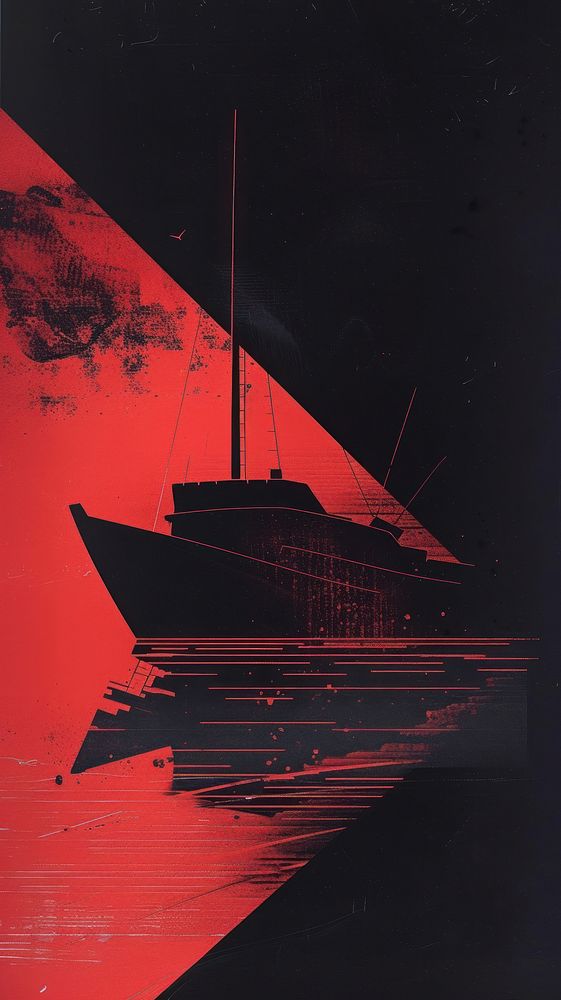 Silkscreen on paper of a ship sailboat vehicle red.