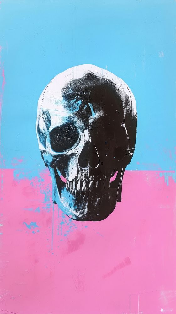 Silkscreen on paper of a skull blue pink art.