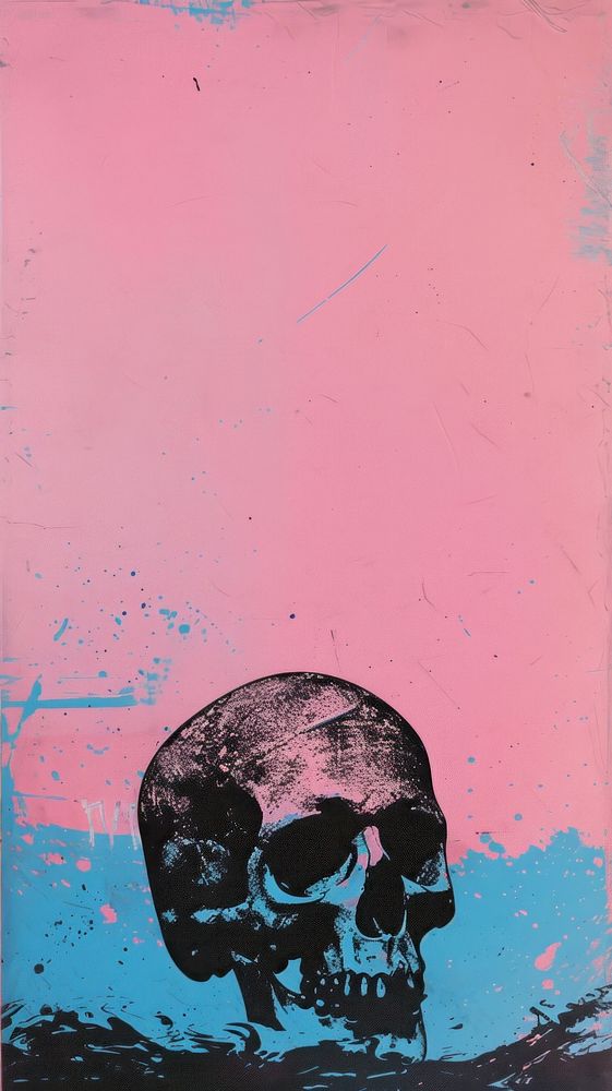 Silkscreen on paper of a skull painting pink blue.