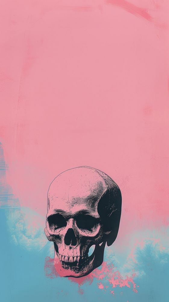 Silkscreen on paper of a skull painting pink blue.