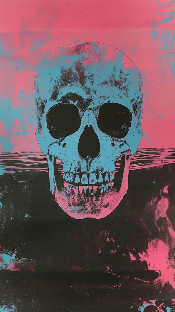 Silkscreen on paper of a skull painting blue pink.