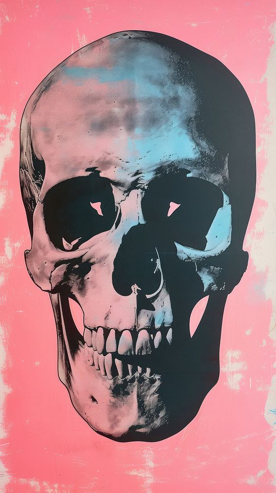 Silkscreen on paper of a skull pink blue art.