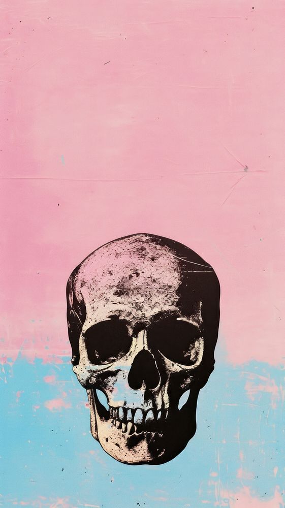 Silkscreen on paper of a skull painting blue pink.