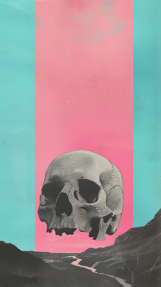 Silkscreen on paper of a skull pink sky creativity.