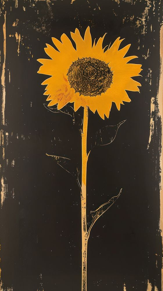Silkscreen on paper of a sunflower yellow plant inflorescence.