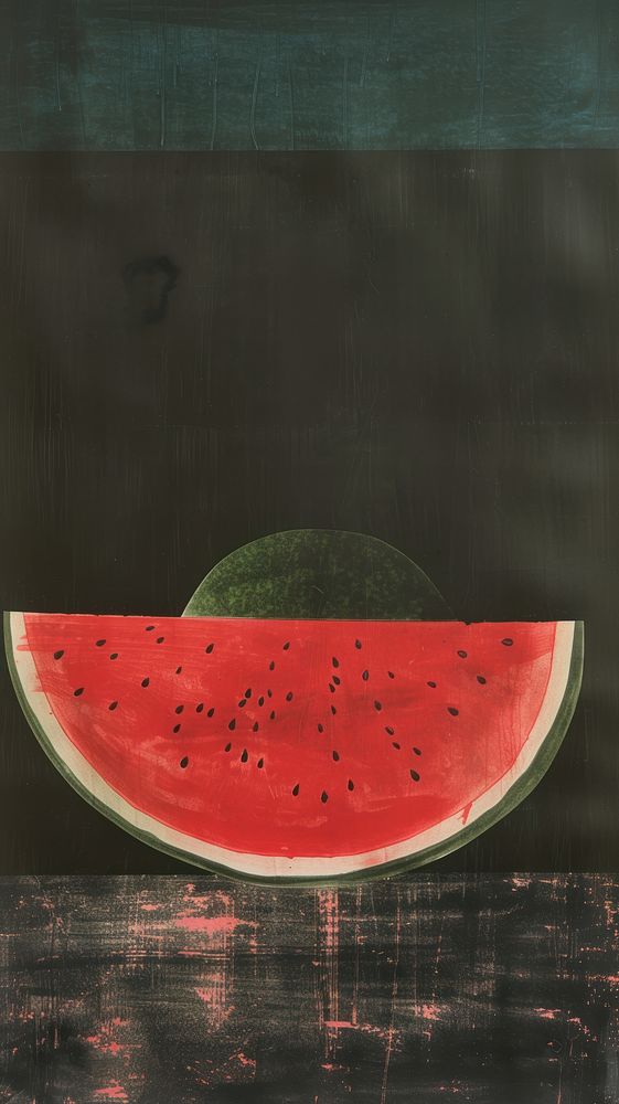 Silkscreen on paper of a watermelon fruit green food.