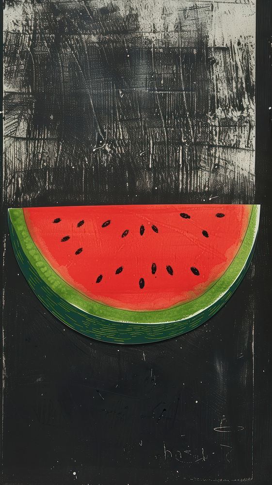 Silkscreen on paper of a watermelon fruit green black.