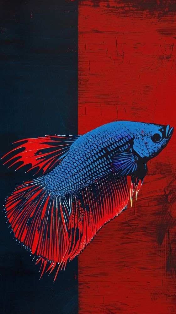 Silkscreen on paper of a thai fish animal blue red.