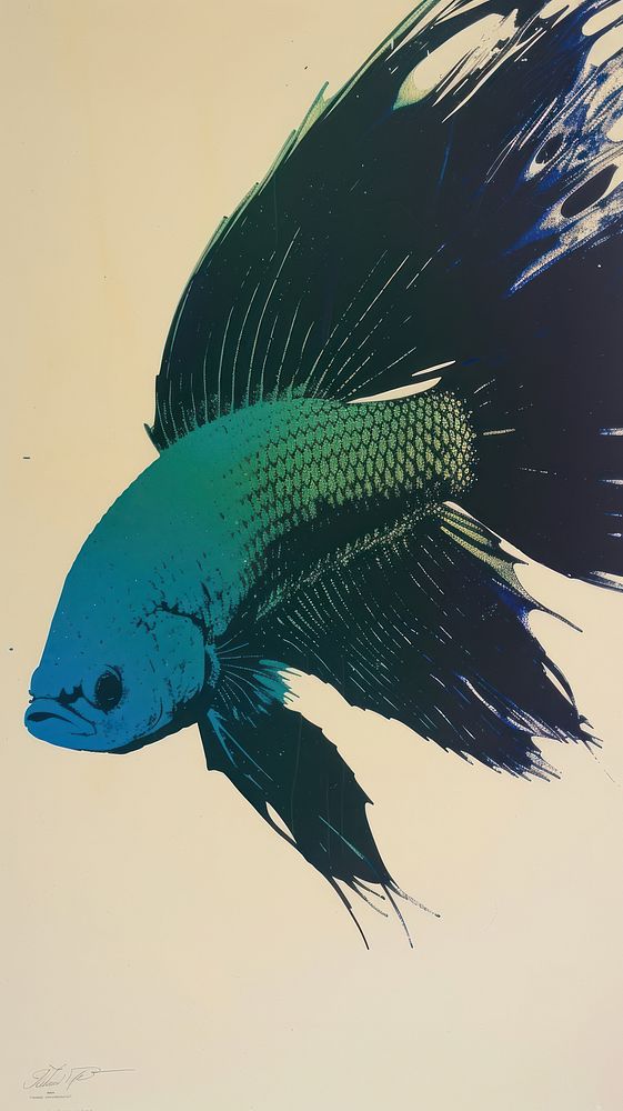 Silkscreen on paper of a thai fish animal blue underwater.