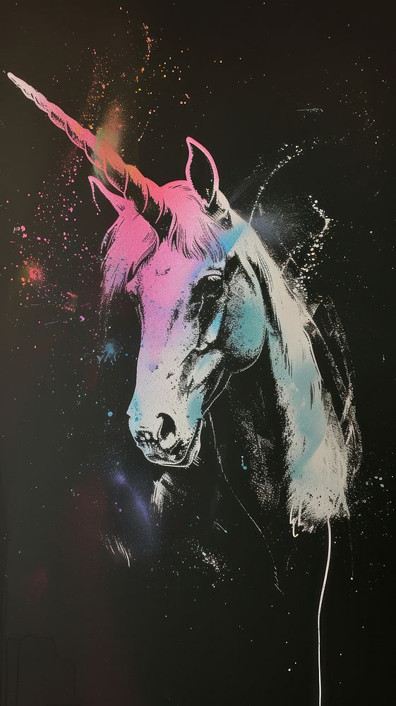 Silkscreen on paper of an unicorn graphics animal mammal.